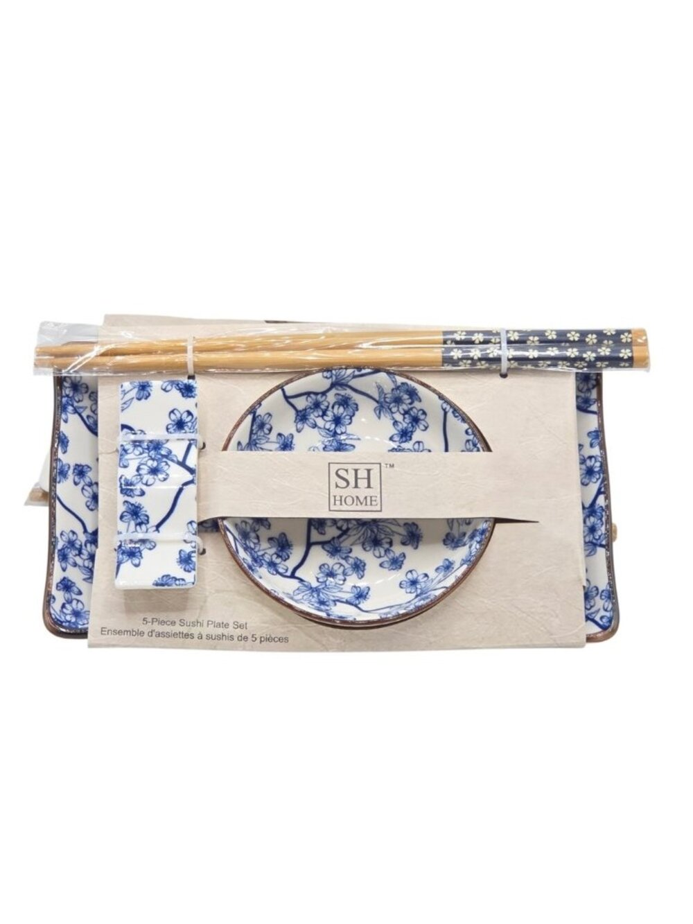 SH Home Ceramic Sushi Plate Set Blue Sakura Cherry Blossom